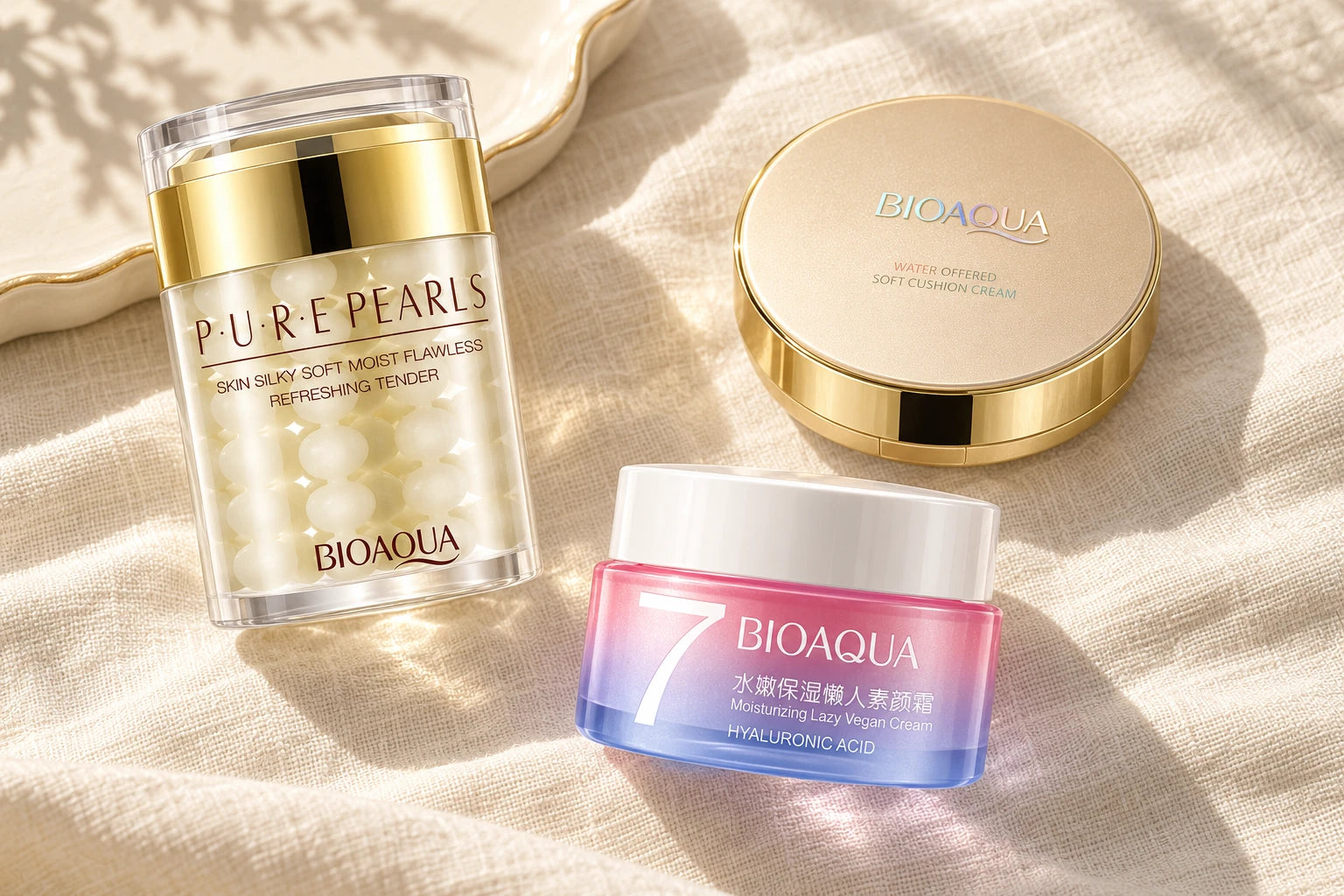 BIOAQUA Pure Pearls, V7 cream and gold cushion compact on linen