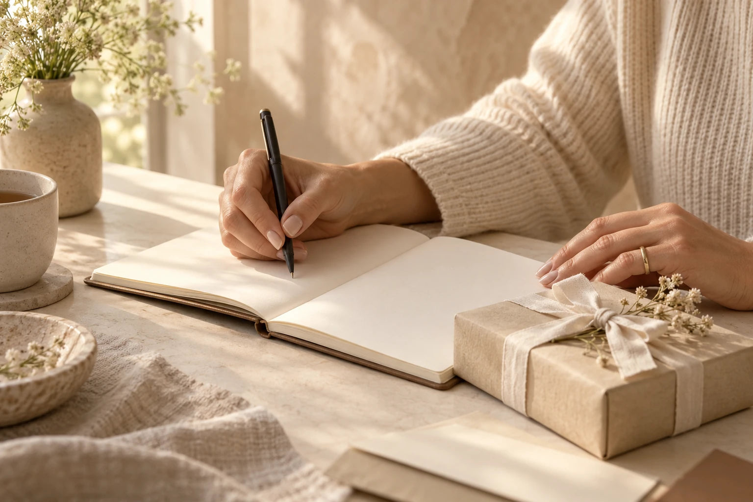 Hands writing a note beside a wrapped parcel