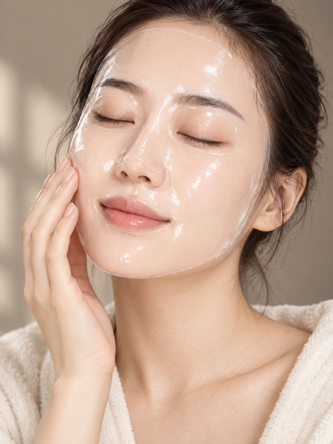 A woman relaxing with a translucent facial sheet mask.