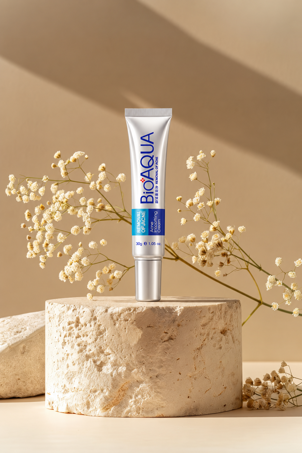 BIOAQUA Pure Skin 30g cream tube on a stone pedestal with white flowers