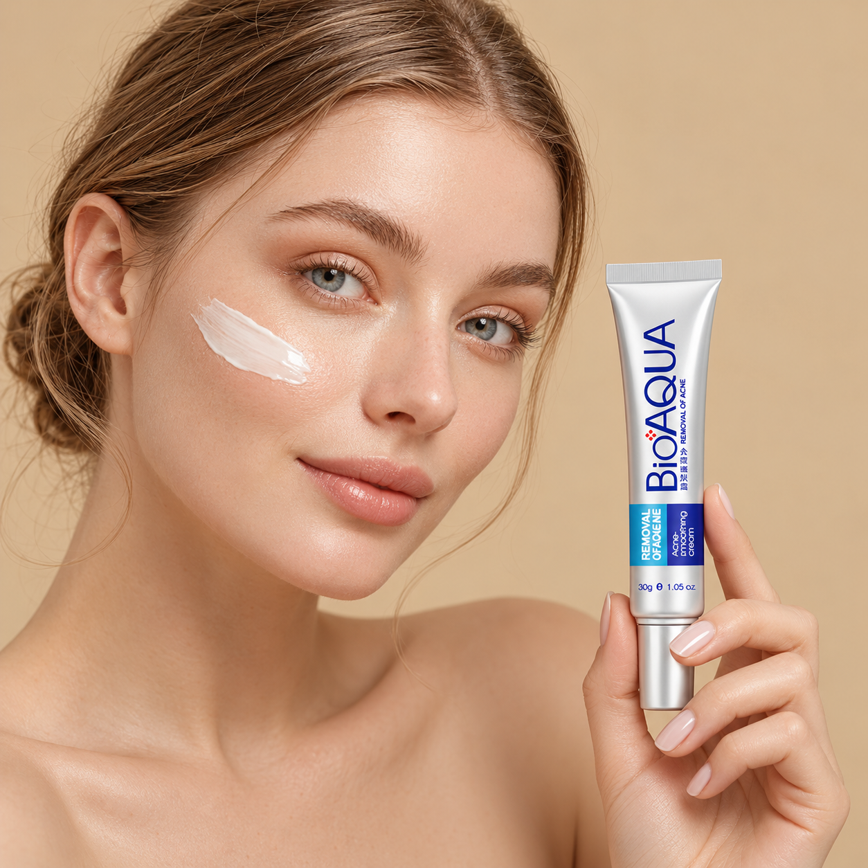 Woman holding BIOAQUA Pure Skin Cream