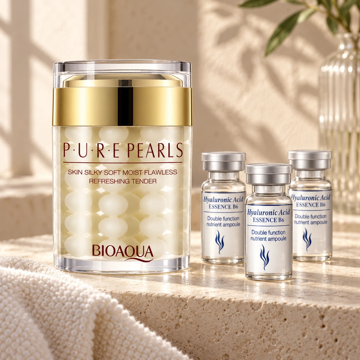 BIOAQUA Pure Pearls jar beside three Hyaluronic Acid Essence B6 vials on a warm stone ledge