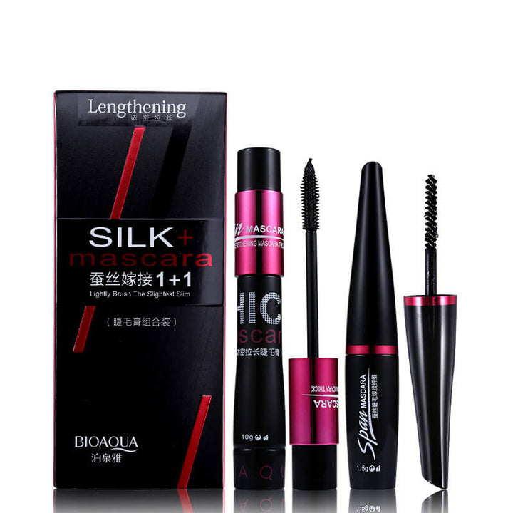 Kit de maquillaje para pestañas con fibras de seda alargadoras y máscara de pestañas 1+1