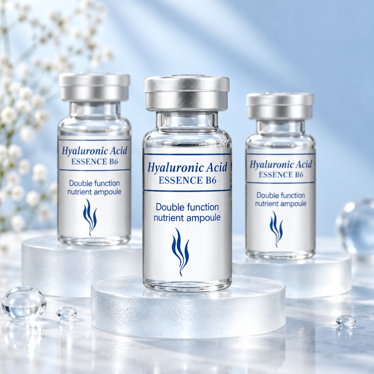 Three Hyaluronic Acid Essence B6 vials against a pale blue backdrop