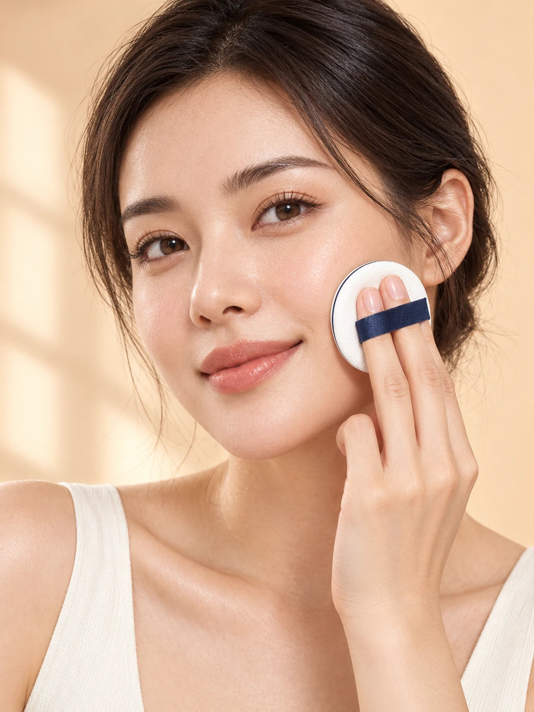 Woman gently applying makeup with a white cushion puff