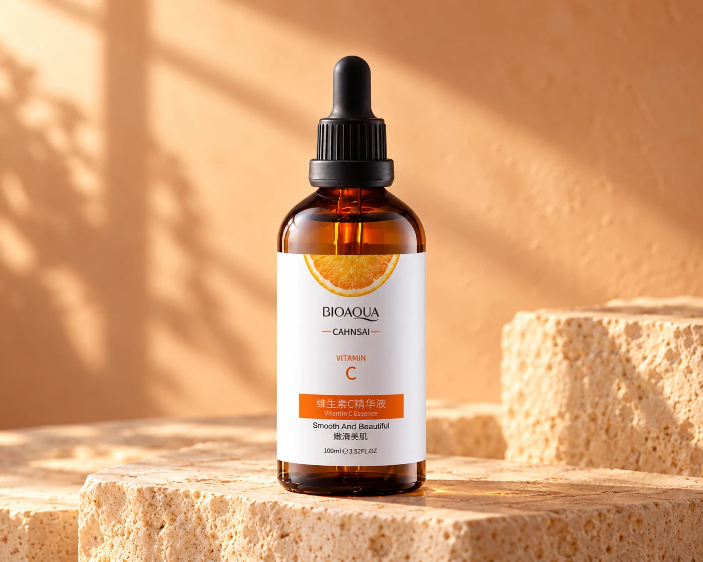 BIOAQUA Vitamin C amber serum bottle in warm afternoon light