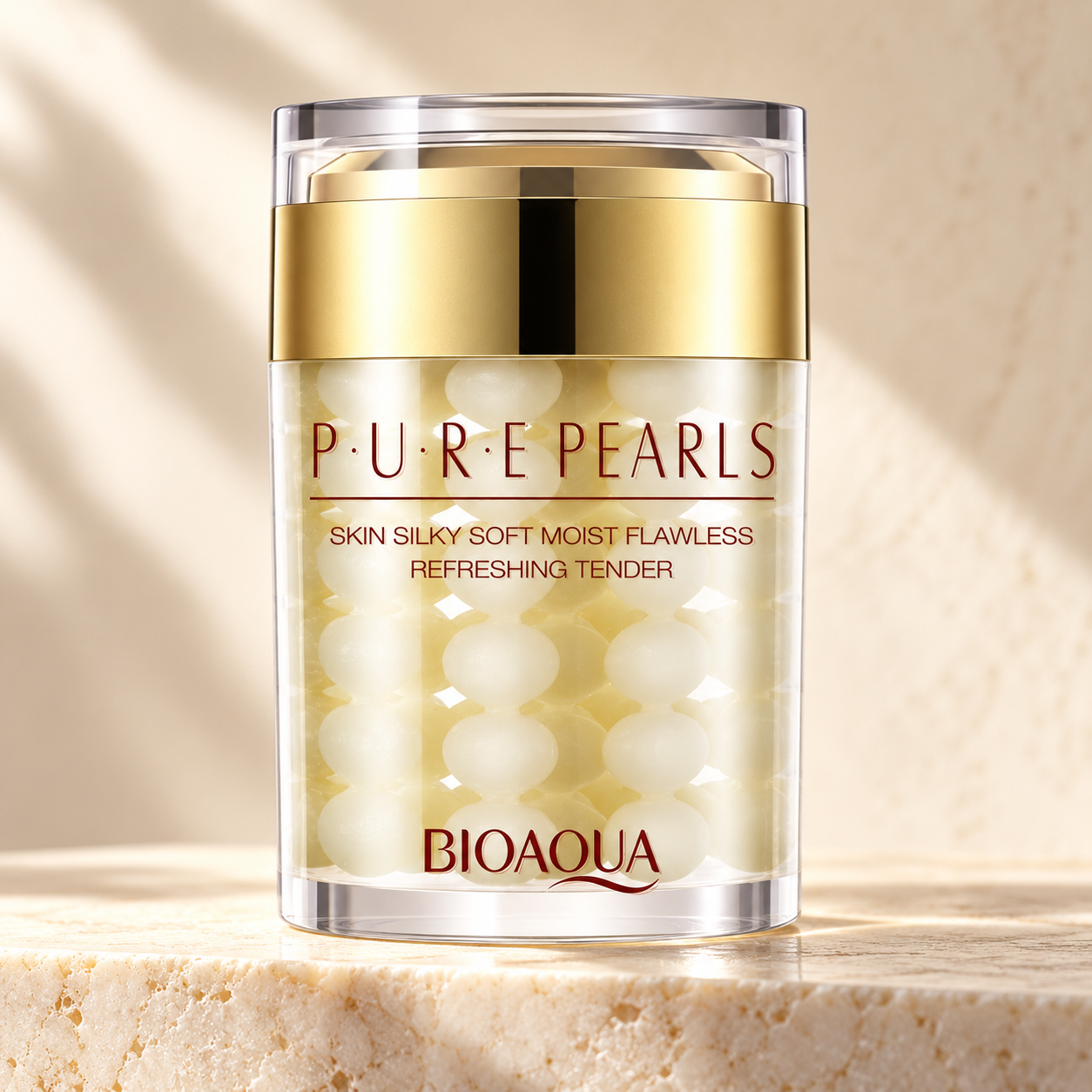 BIOAQUA Pure Pearls container on a warm ivory stone ledge