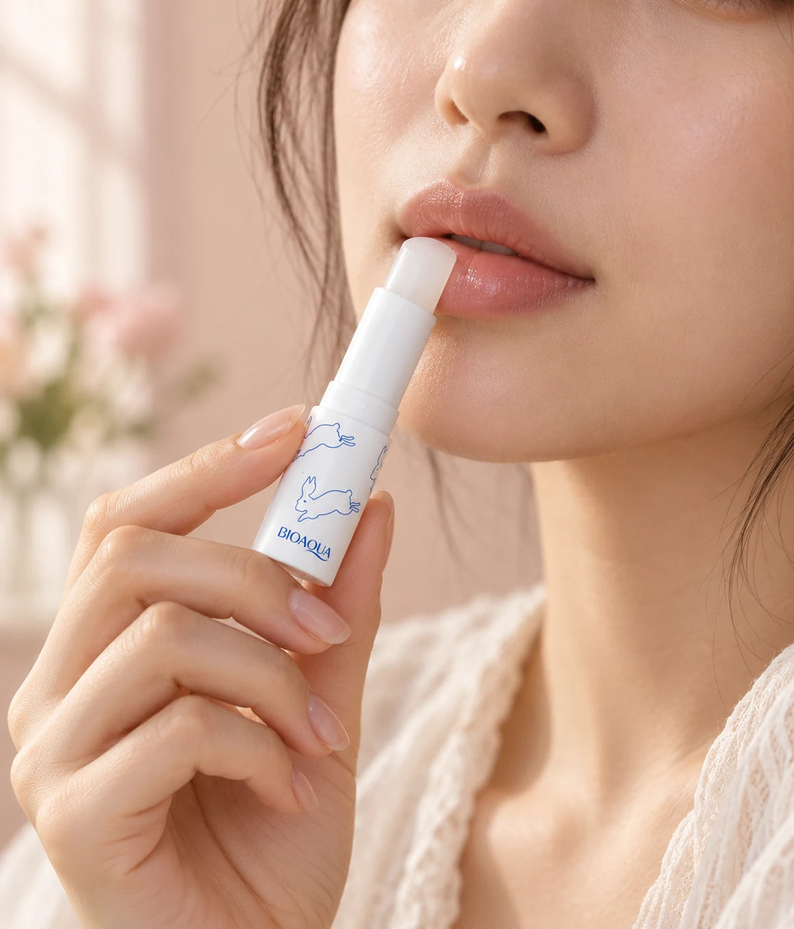 Woman applying BIOAQUA colorless lip balm