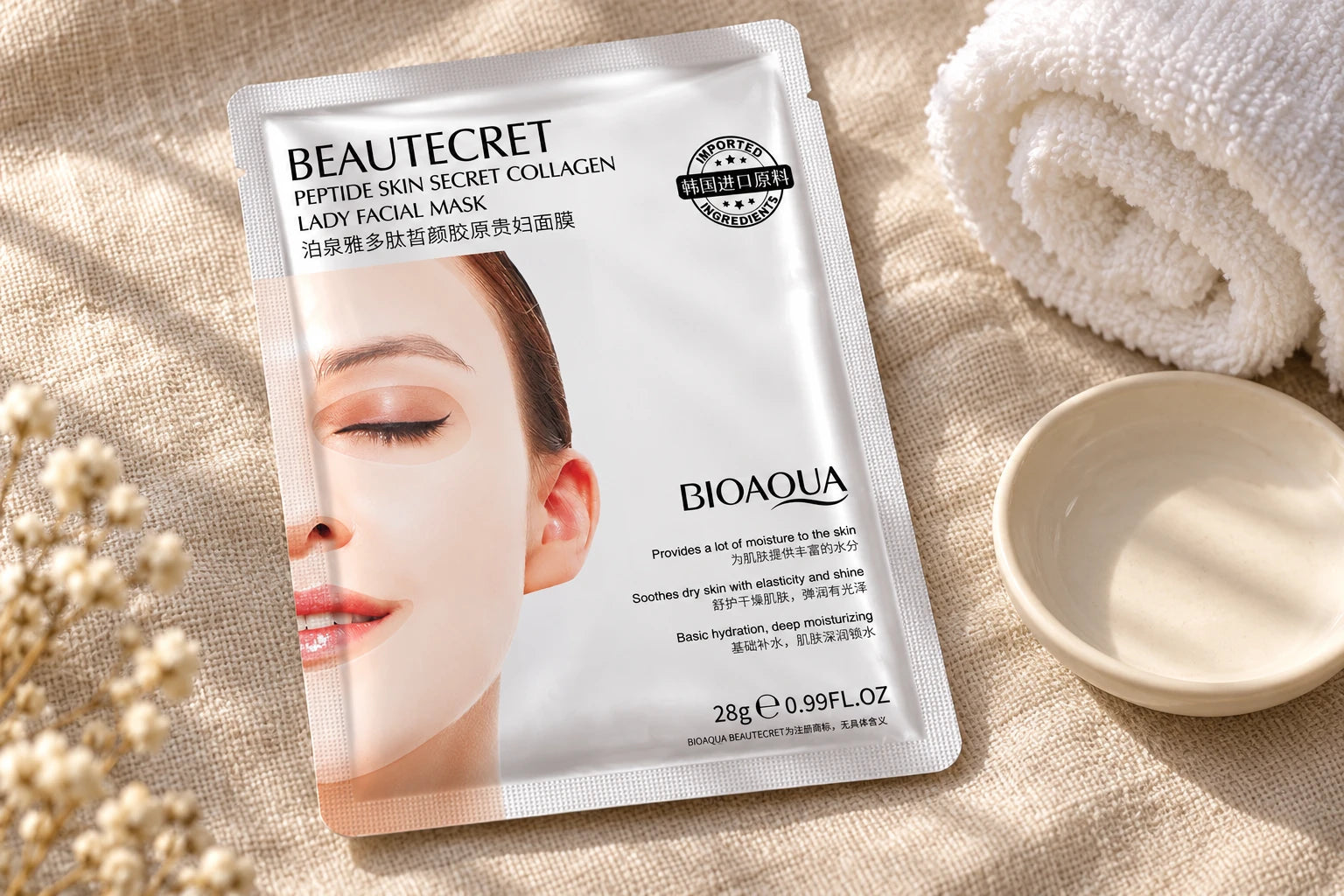 BIOAQUA Peptide Collagen Mask with a cotton towel